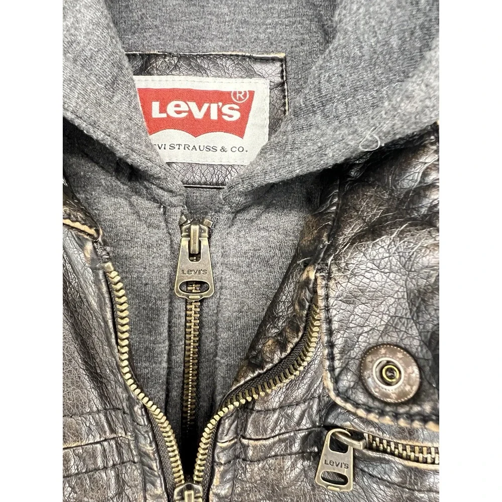 Levi's LM4RU924 Faux Leather Hooded Jacket Mens L Dark Brown Moto Bomber Bib